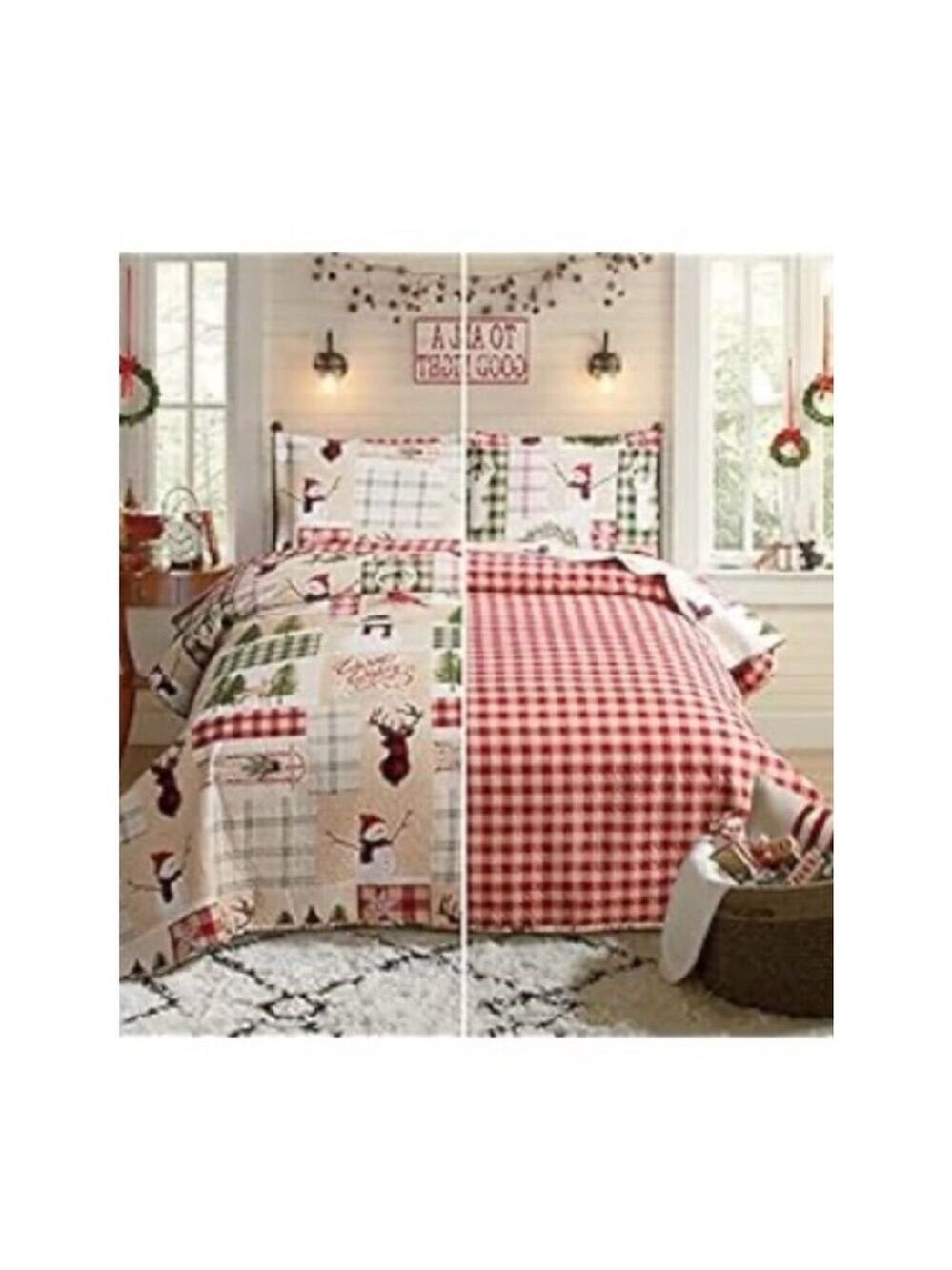 Queen Christmas Comforter Set Red Plaid Holiday Bedding Reversible Farmhouse